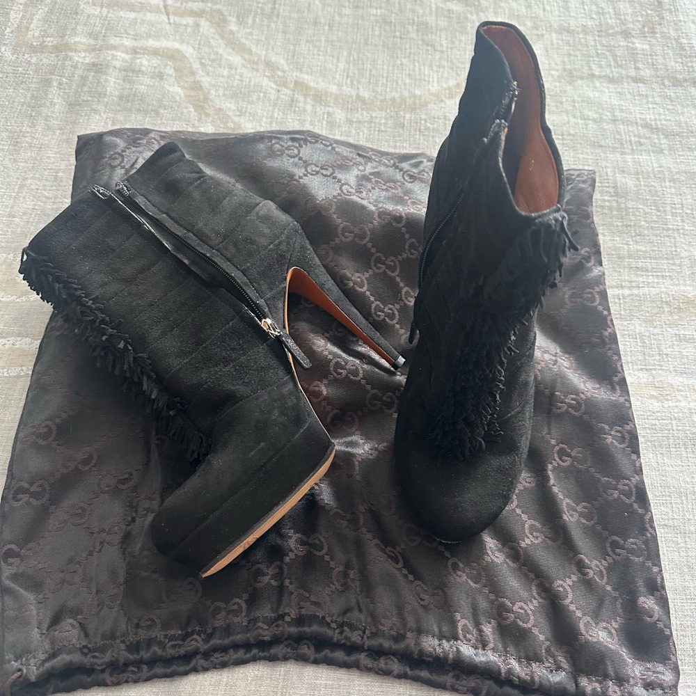 Gucci Black Heeled Boots with Fringe Detail
